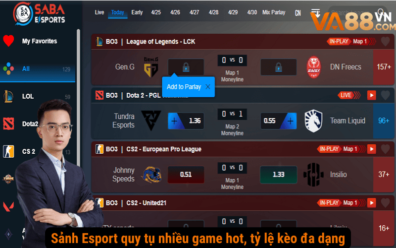 Sảnh Esport quy tụ nhiều game hot, tỷ lệ kèo đa dạng