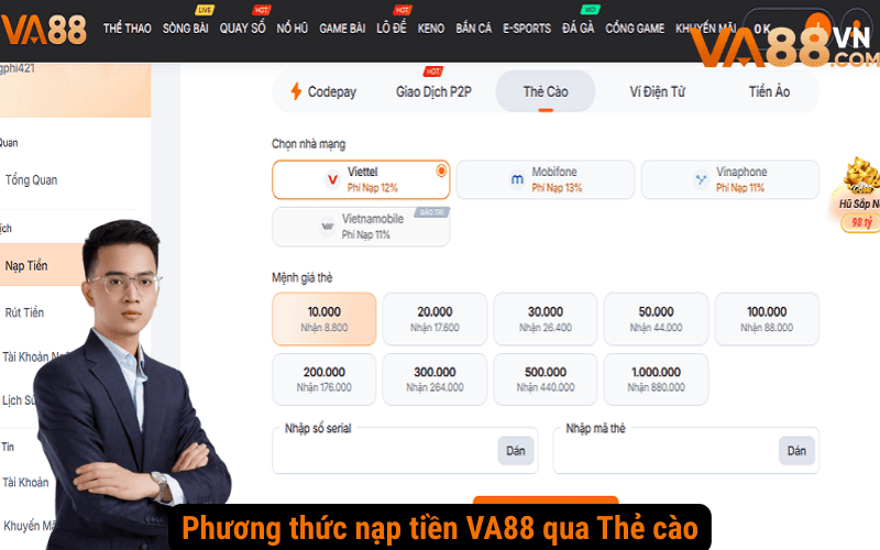Phương thức nạp tiền VA88 qua Thẻ cào