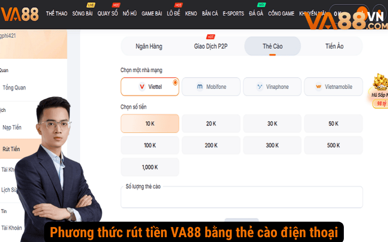 Phương thức rút tiền VA88 bằng thẻ cào điện thoại
